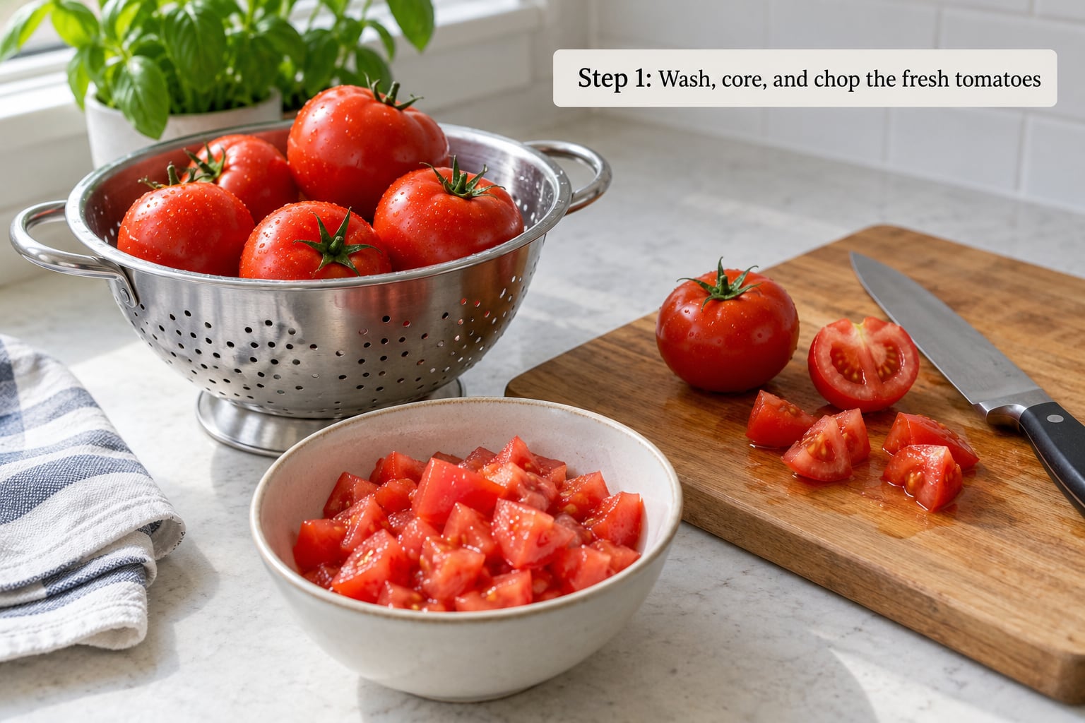 Step 1: Wash, core, and chop the fresh tomatoes