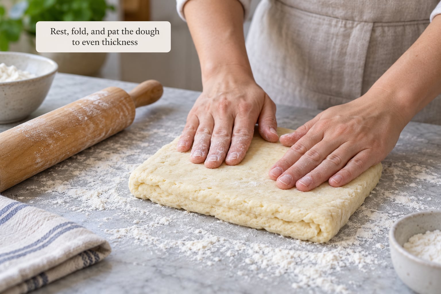 Rest, fold, and pat the dough to even thickness