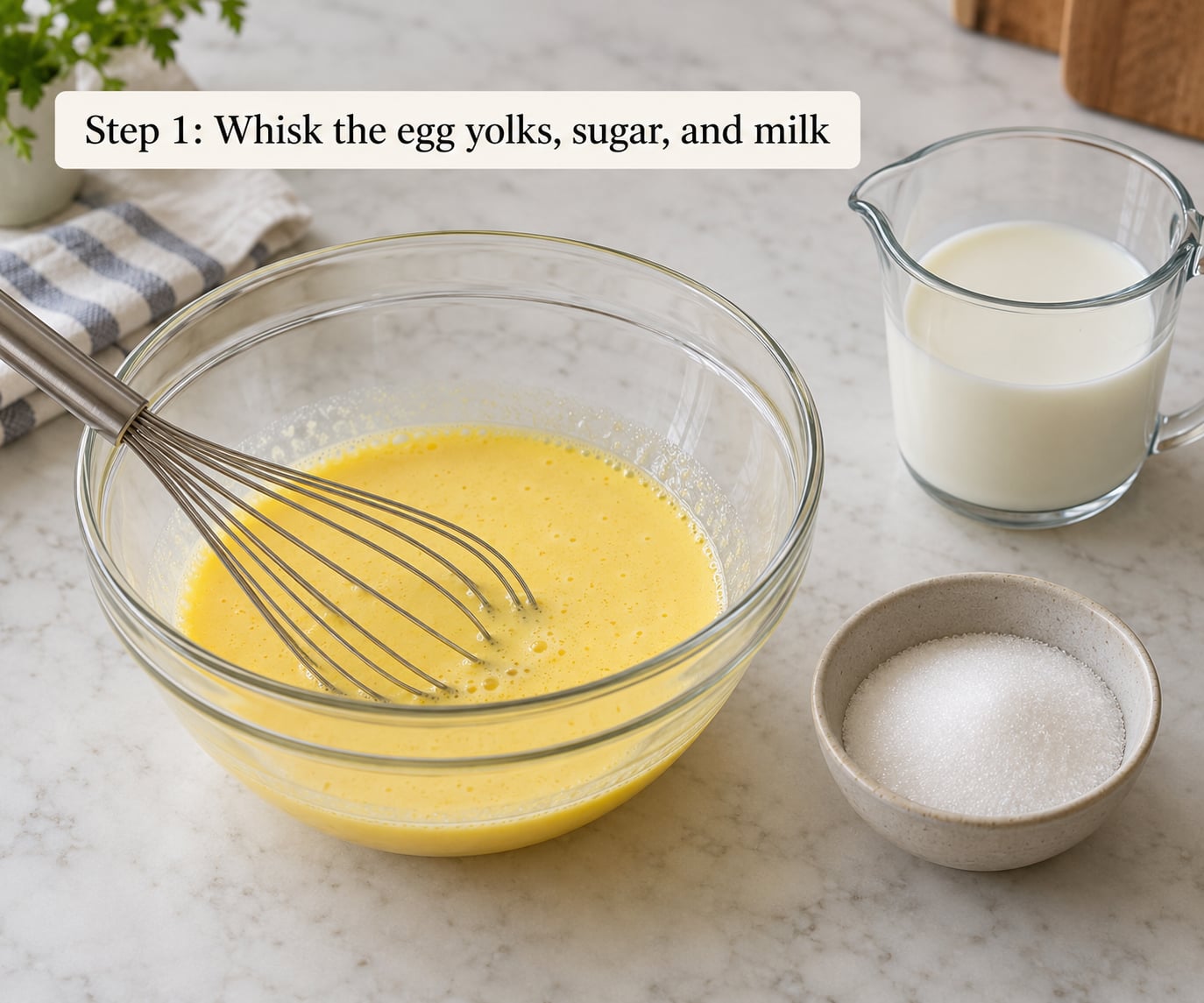Step 1: Whisk the egg yolks, sugar, and milk