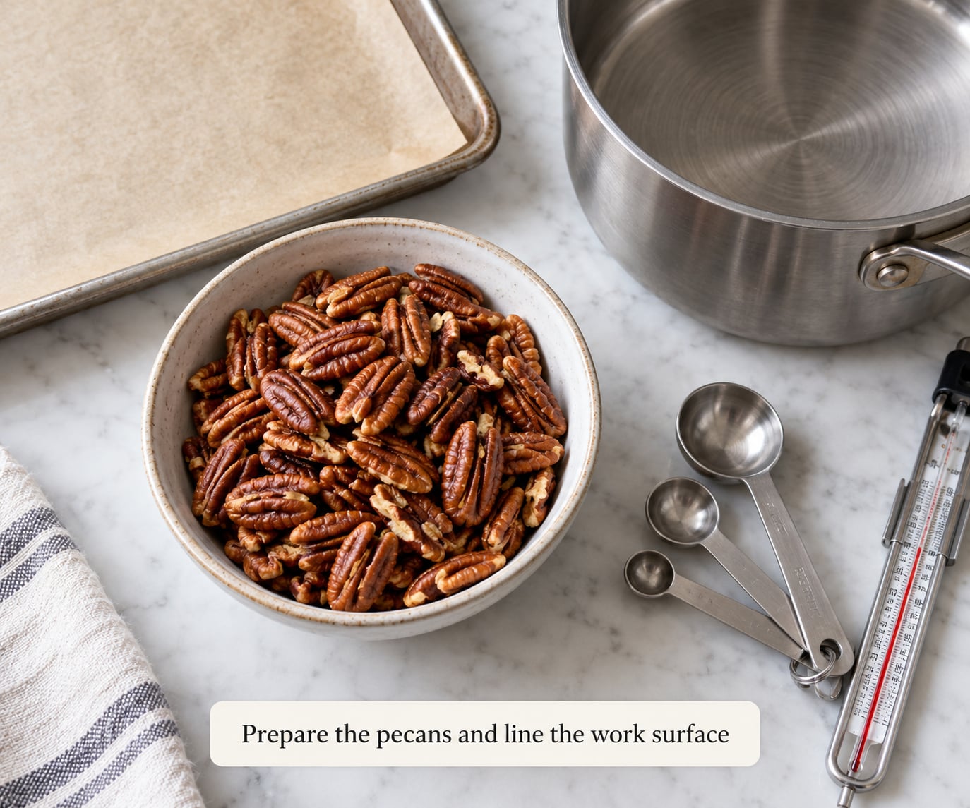 Prepare the pecans and line the work surface